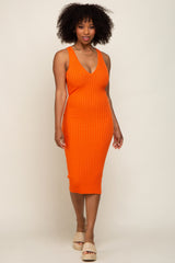 Orange Ribbed Knit Fitted V-Neck Maternity Midi Dress