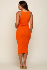 Orange Ribbed Knit Fitted V-Neck Maternity Midi Dress