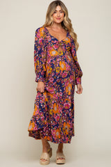 Navy Blue Floral Knot Front Twist Cutout Long Sleeve Maternity Maxi Dress