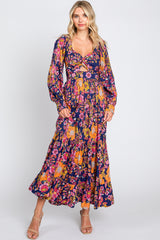 Navy Blue Floral Knot Front Twist Cutout Long Sleeve Maternity Maxi Dress