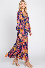 Navy Blue Floral Knot Front Twist Cutout Long Sleeve Maxi Dress