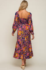 Navy Blue Floral Knot Front Twist Cutout Long Sleeve Maternity Maxi Dress