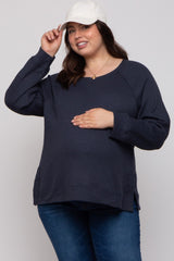 Navy Oversized Waffle Knit Maternity Plus Long Sleeve Top