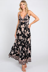 Black Floral Border Print Front Twist Maternity Maxi Dress