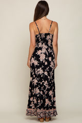 Black Floral Border Print Front Twist Maternity Maxi Dress