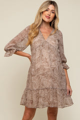 Mocha Leaf Print Chiffon 3/4 Sleeve Maternity Dress