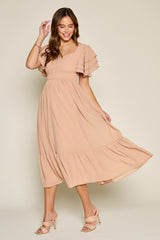 Taupe Sweetheart Neck Tiered Sleeve Dress