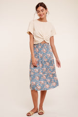 Sage Floral Printed Tiered Midi Skirt