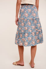 Sage Floral Printed Tiered Midi Skirt