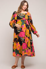 Black Floral Long Sleeve Maternity Plus Midi Dress