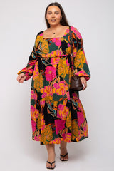 Black Floral Long Sleeve Maternity Plus Midi Dress