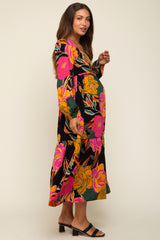 Black Floral Long Sleeve Maternity Midi Dress