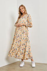 Cream Floral 3/4 Sleeve Tiered Maternity Midi Dress