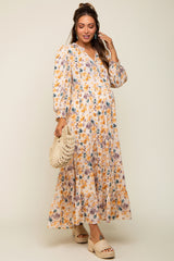 Cream Floral 3/4 Sleeve Tiered Maternity Midi Dress