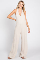 Beige Halter Front Pocket Knit Maternity Jumpsuit