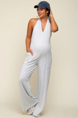 Heather Grey Halter Front Pocket Knit Maternity Jumpsuit