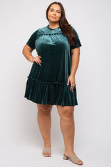 Dark Jade Ruffle Accent Velvet Maternity Plus Dress