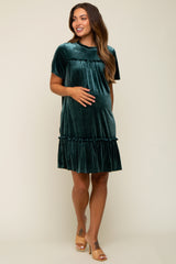 Dark Jade Ruffle Accent Velvet Maternity Dress