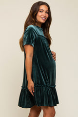 Dark Jade Ruffle Accent Velvet Maternity Dress