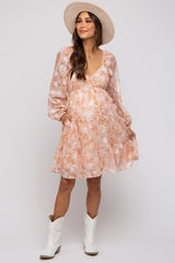 Peach Floral Long Sleeve Tiered Maternity Dress