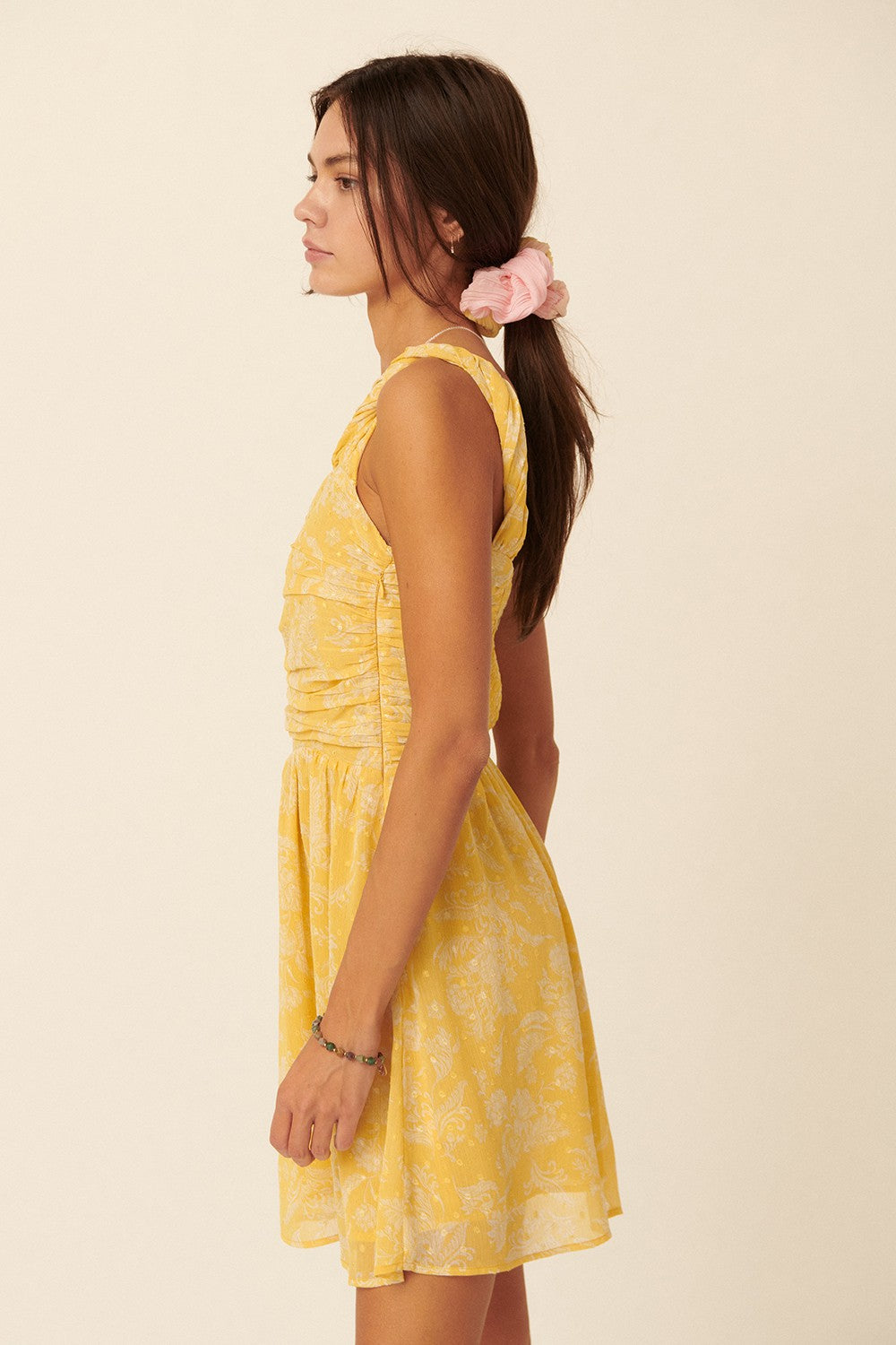 Yellow Floral Swiss Dot Chiffon One Shoulder Mini Dress
