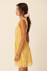 Yellow Floral Swiss Dot Chiffon One Shoulder Mini Dress