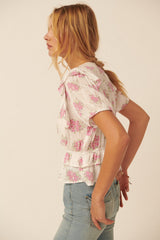 Blush Floral Swiss Dot Surplice Ruffled Peplum Top