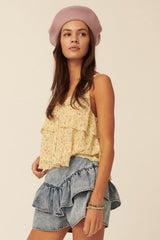 Yellow Floral Sweetheart Flounce Ruffle Camisole Top