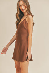 Brown Satin Cami Tie Strap Mini Dress