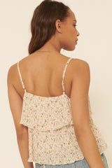 Cream Floral Sweetheart Flounce Ruffle Camisole Top