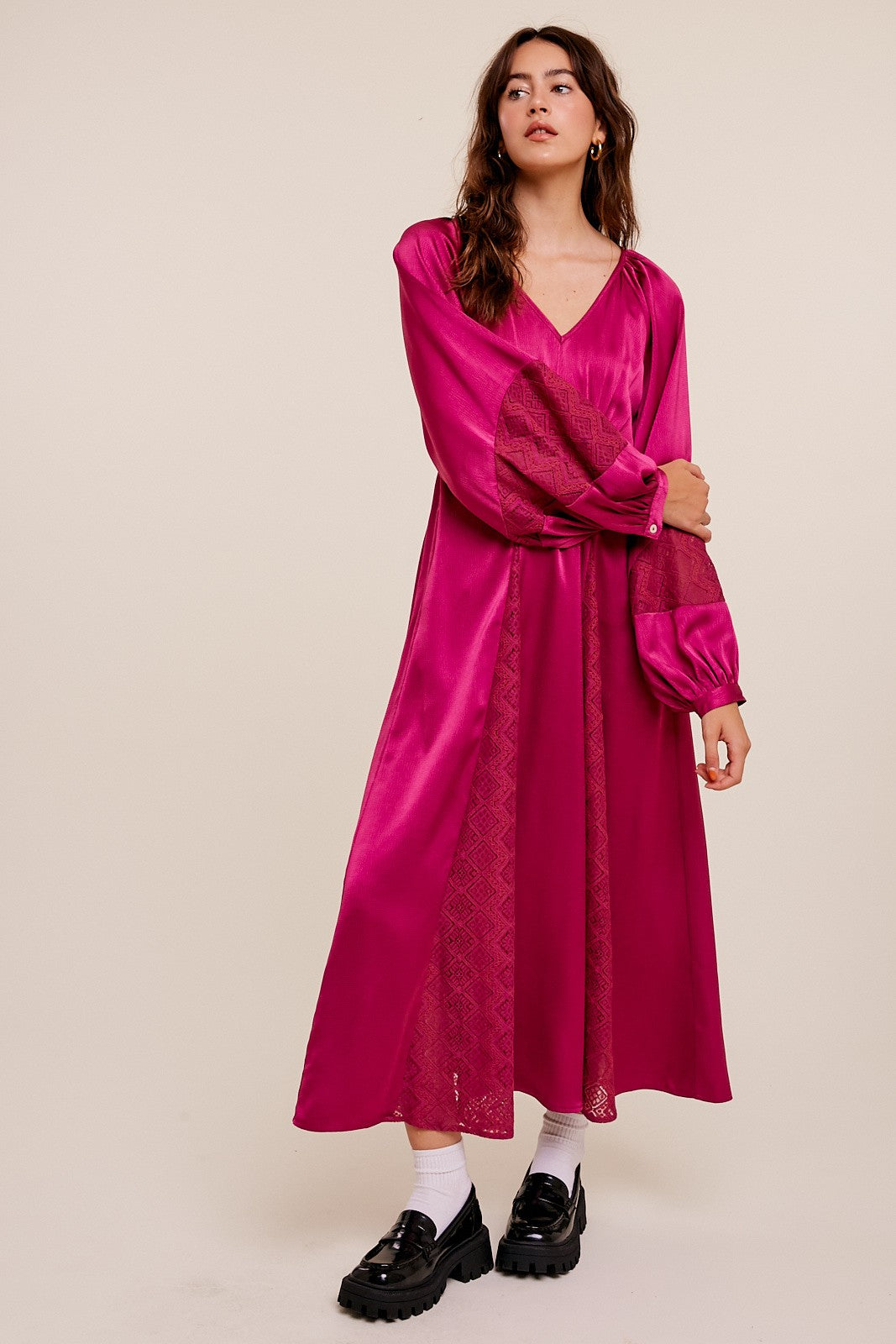 Magenta V-Neck Pleated Maxi Dress With Lace Detailing