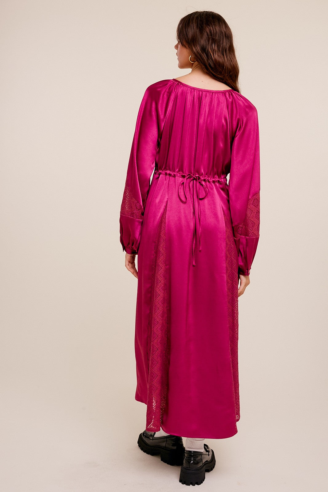 Magenta V-Neck Pleated Maxi Dress With Lace Detailing
