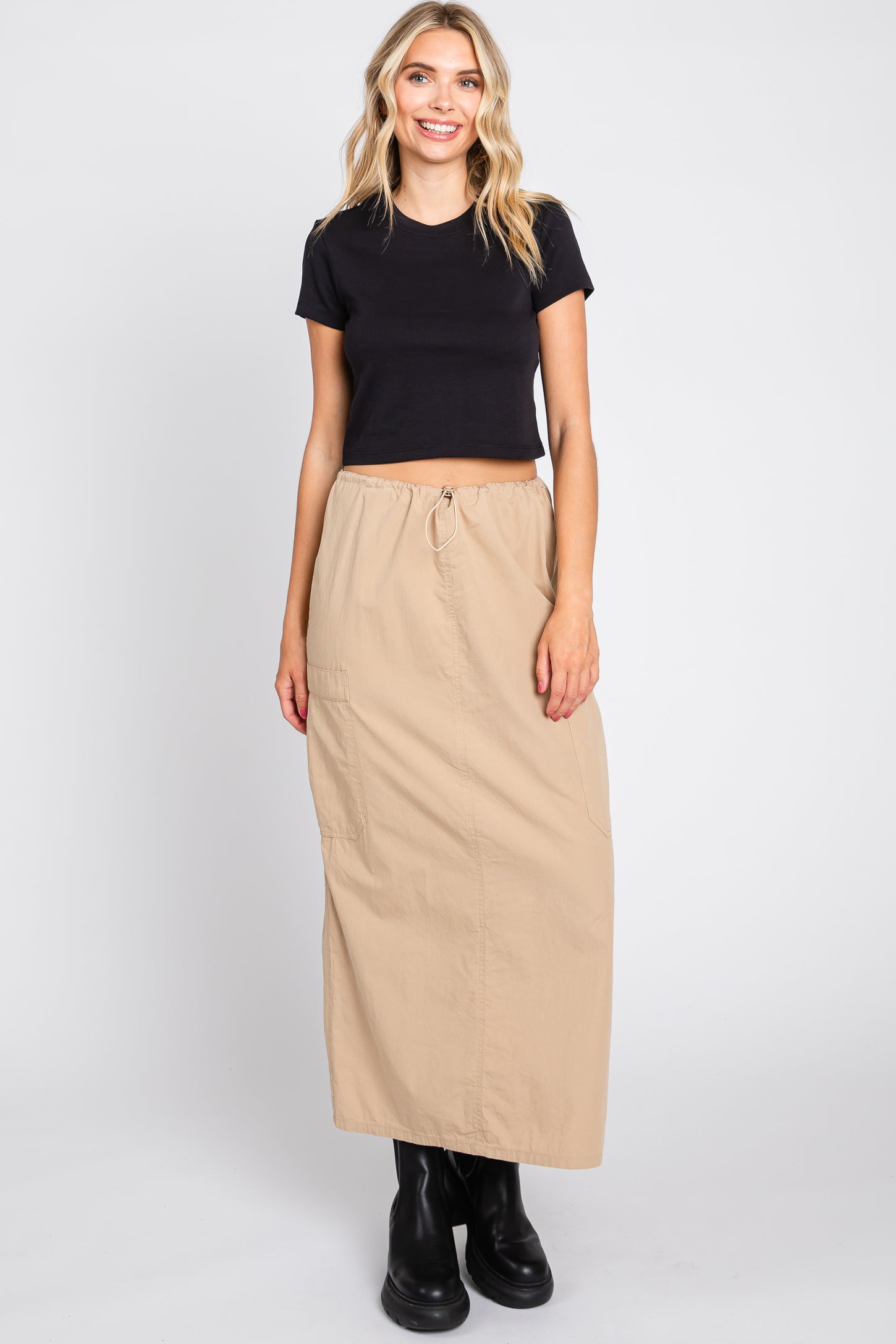 Light Taupe Drawstring Pocket Maxi Skirt