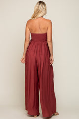 Burgundy Lace Strapless Wide Leg Jumpsuit