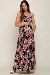 Black Floral Square Neck Tiered Maternity Maxi Dress