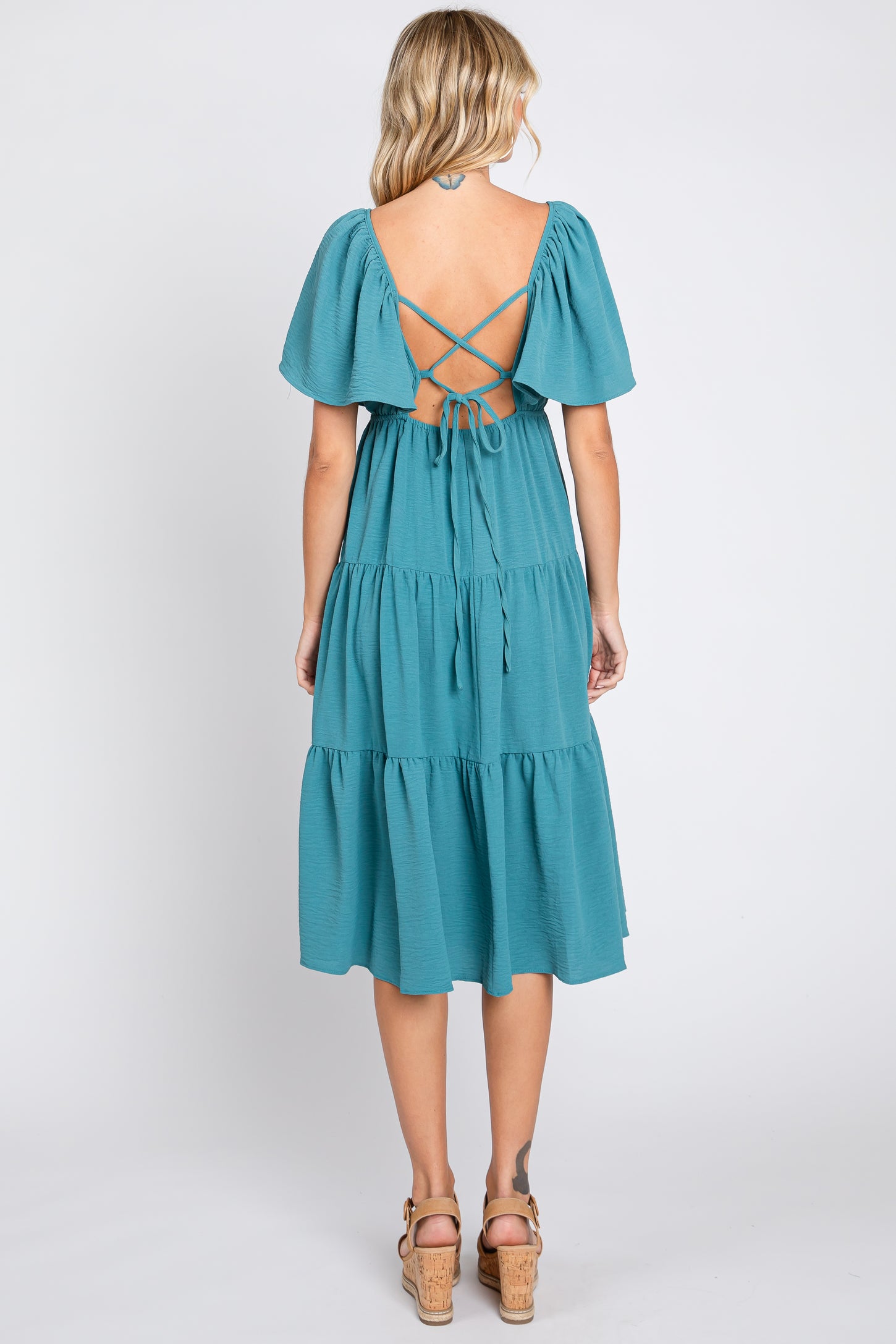 Teal Tiered Criss Cross Back Midi Dress