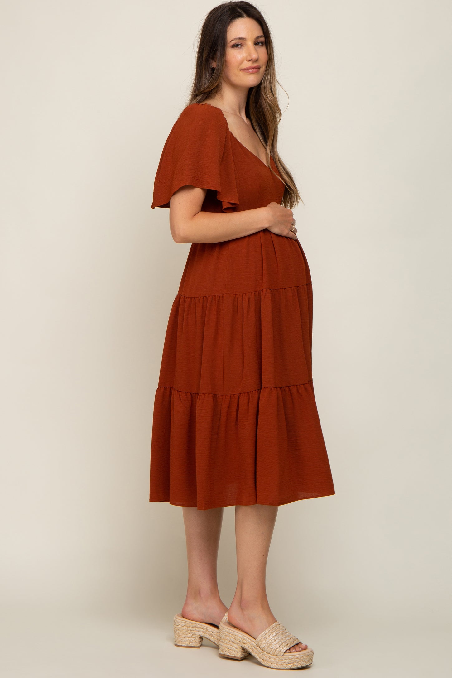 Rust Tiered Criss Cross Back Maternity Midi Dress