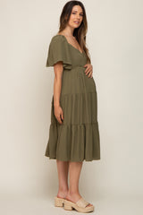 Olive Tiered Criss Cross Back Maternity Midi Dress