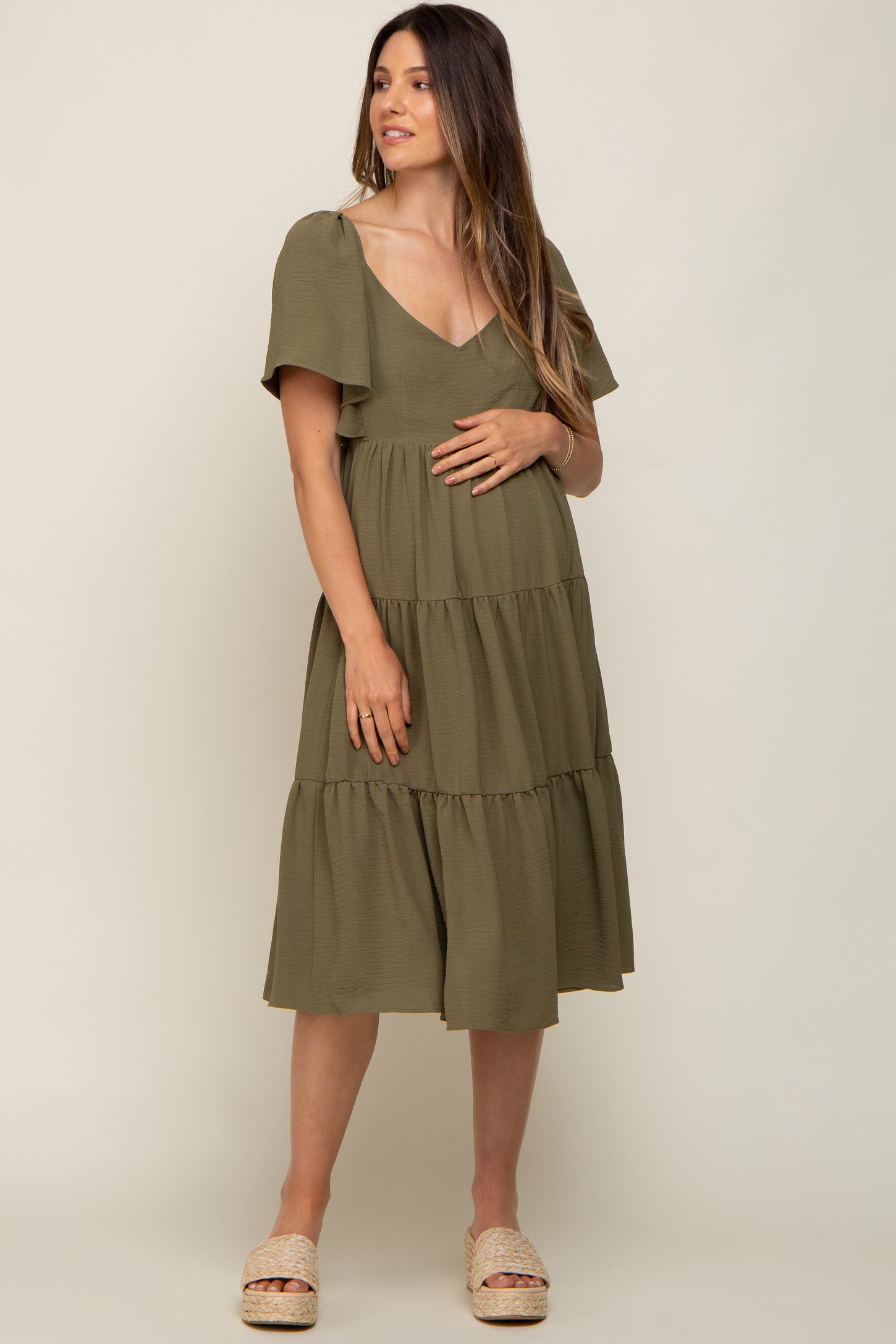 Olive Tiered Criss Cross Back Maternity Midi Dress