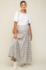 Beige Plaid Linen Maternity Maxi Skirt