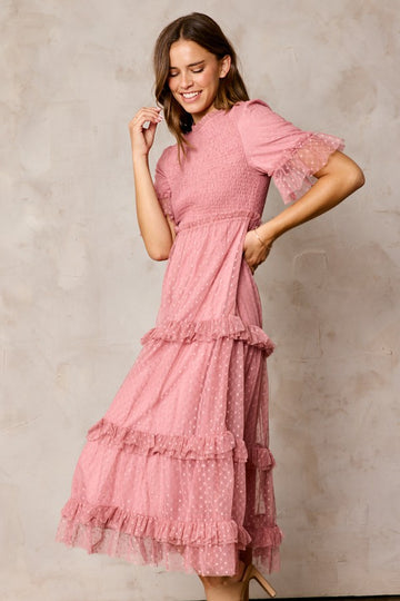woman wearing a pink tiered midi dress with ruffles and puff sleeves, smiling against a neutral background