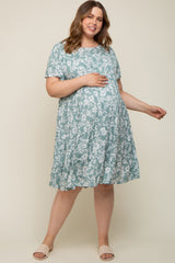 Mint Green Floral Tiered Short Sleeve Maternity Plus Midi Dress