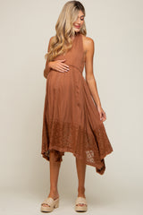 Mocha Lace Accent Halter Maternity Midi Dress