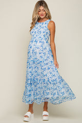 Blue Floral Sleeveless Tiered Maternity Maxi Dress