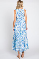 Blue Floral Sleeveless Tiered Maxi Dress