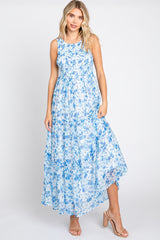 Blue Floral Sleeveless Tiered Maxi Dress