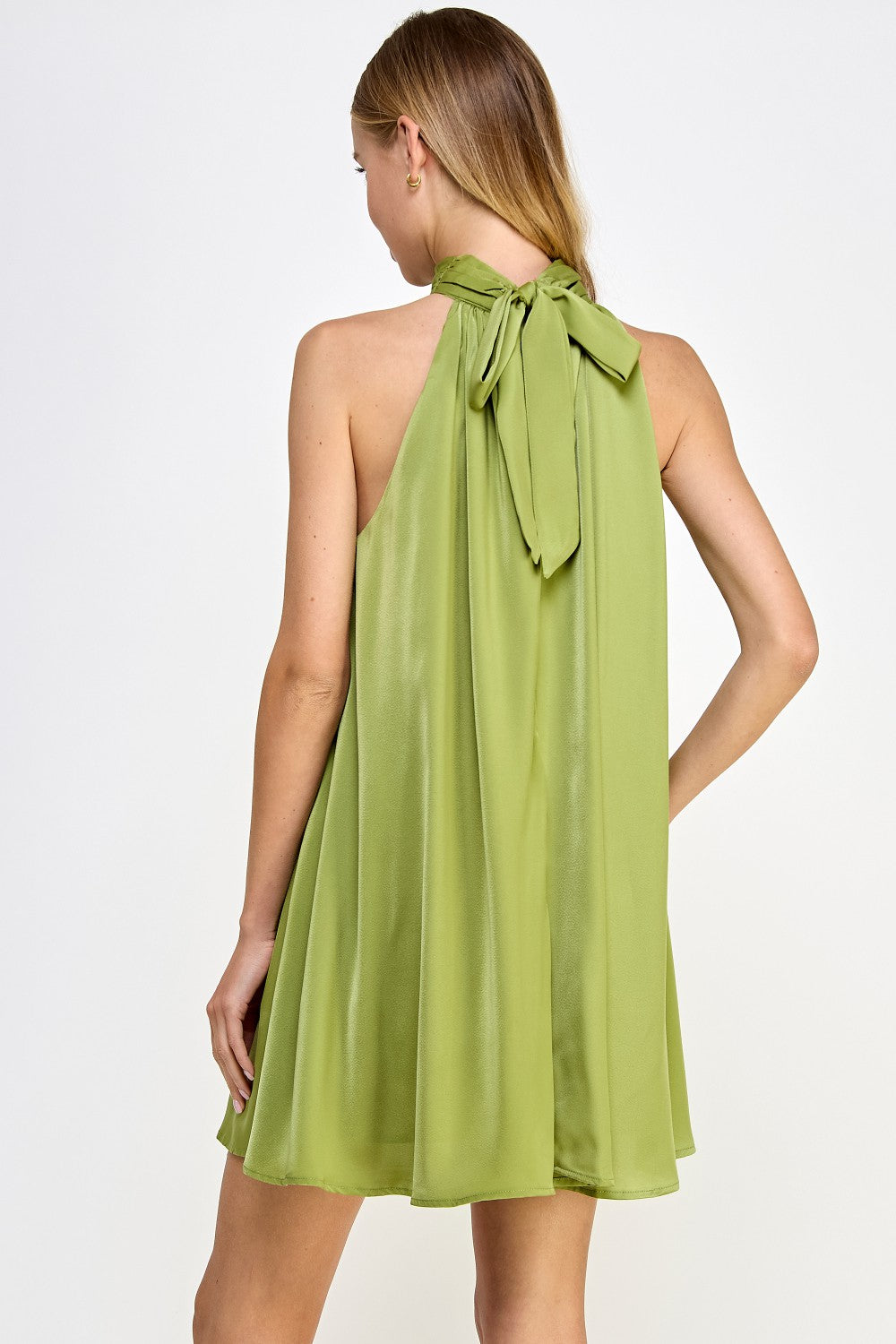 Lime Mock Neck Halter Satin Mini Dress