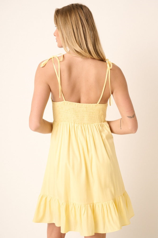Yellow Ruched Detail Spaghetti Tie Mini Dress
