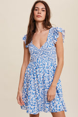 Blue Flower Print Smocked V-Neck Ruffle Sleeve Dress