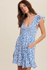 Blue Flower Print Smocked V-Neck Ruffle Sleeve Dress